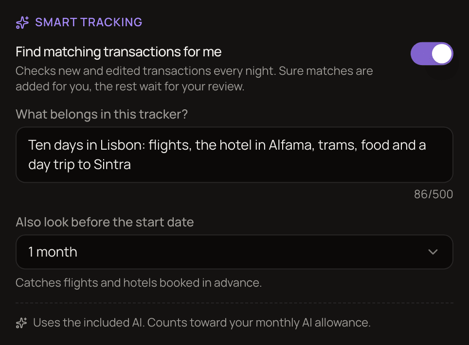 The Smart tracking section of the tracker form, with Find matching transactions for me switched on, a description of the trip filled in, and Also look before the start date set to 1 month.