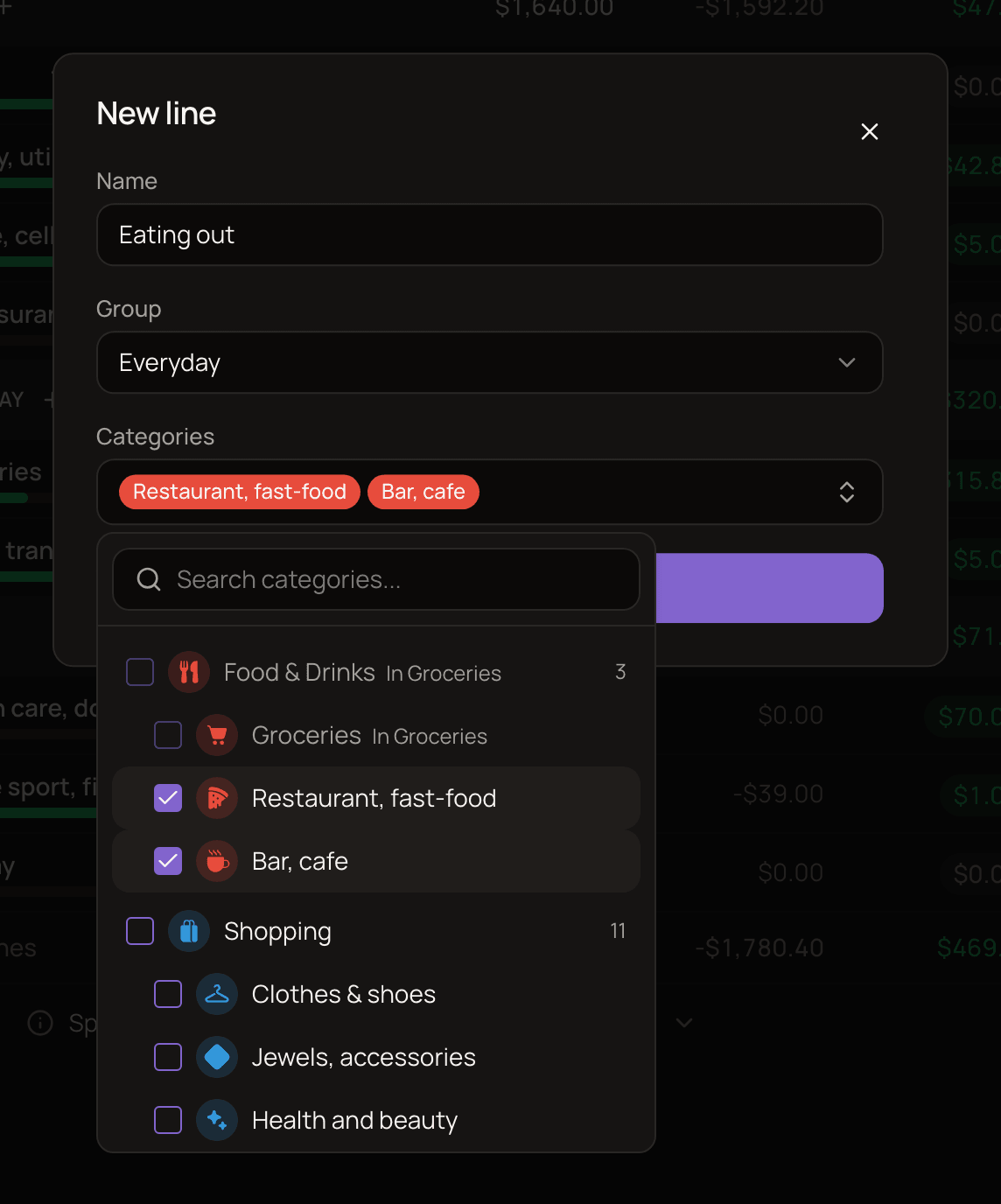 The New line window with the name Eating out, the Everyday group selected, and the categories list open with Restaurant, fast-food and Bar, cafe checked and Groceries marked as taken by another line.