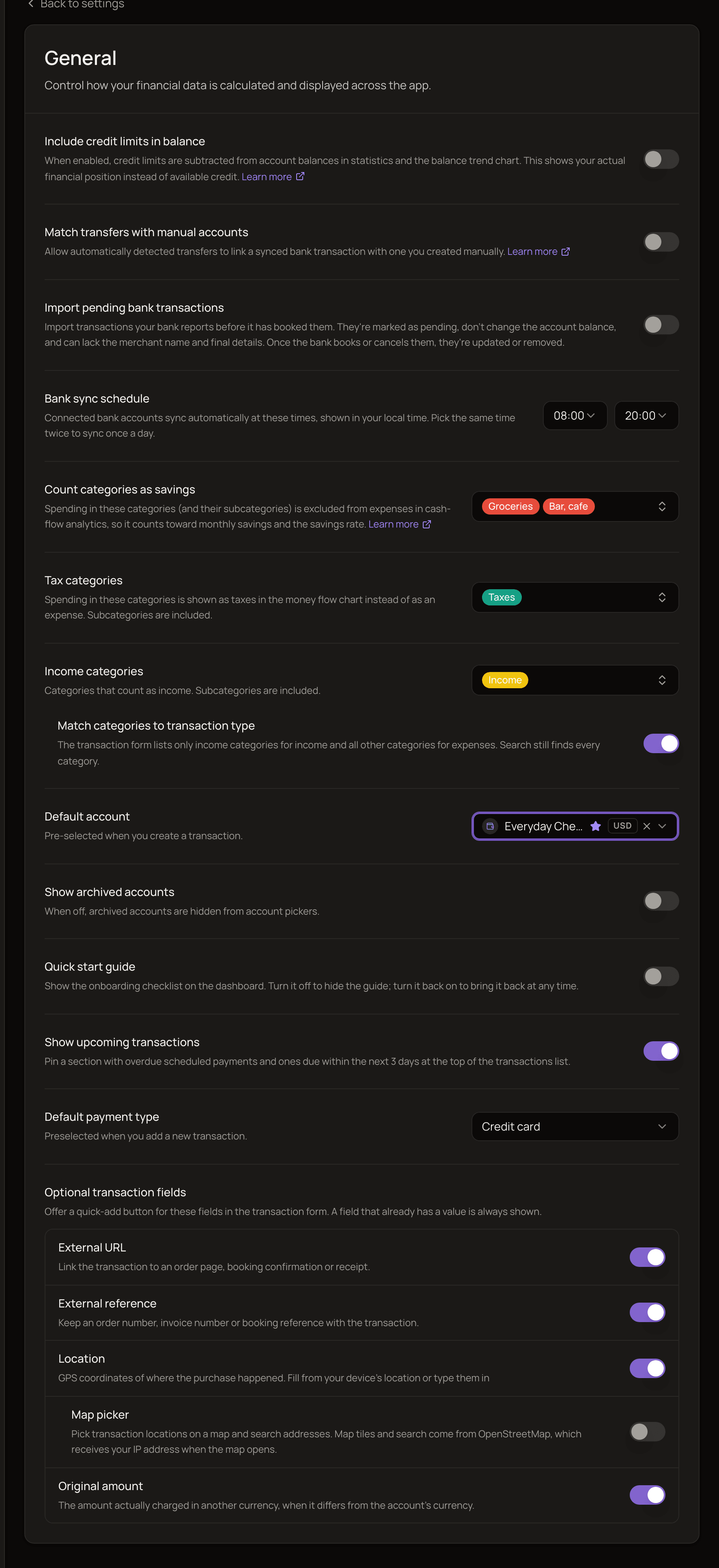 The General settings page with the balance, savings, tax categories, account picker, Quick Start and optional transaction field options.